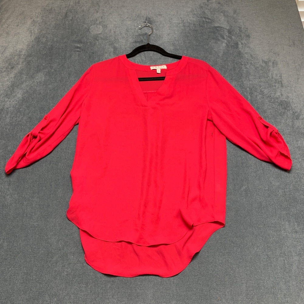 Chaus New York Blouse Top Womens Small Red V Neck Roll Tab Sleeve Pullover